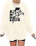 VILOVE Oversized Mama Sweatshirt Women Mama Mommy Mom Bruh Pullover Tops Casual Crewneck Long Sleeve Shirts Apricot