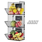 Epicano Metal Wire Basket Wall Mount,3-Tier Hanging Basket Fruit organizer with Removable Hooks Chalkboards, Rustic Fruit Vegetable Storage Bins for Kitchen Counter, Garage Or Bathroom(black)