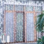 Ollny Curtain Lights Indoor, 300 LED 3m x 3m Fairy Lights USB Powered, Waterproof Cool White String Light with 8 Modes/Timer/Remote, Bedroom/Wall/House/Garden Decorations