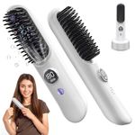 Geegear Cordless Hair Straightener Brush, Portable Mini Hair Straightening Comb for Travel with Charging Dock 120-200°C Fast Heating USB Rechargeable Ion Heating Smoothing Brush (White)