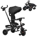 BABY JOY Tricycle, 7 in 1 Folding Toddler Bike w/Removable Push Handle, Rotatable Seat, Adjustable Canopy, Safety Harness, Storage, Cup Holder, Trike for 1-5 Year Old, Tricycle for Toddlers (Black)
