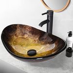 YU YUSING Countertop Bathroom Sink Basin Oval Hand Washbowl Tempered Glass with Tap Waste Set, Cloakroom Kitchen Toilet, Gold