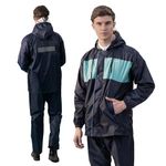Lifelong Men's Raincoat Set | Waterproof Polyester Double-Coated Reversible Rain Suit | Hooded Jacket with Inner Mobile Pocket & Pants | Standard Length for Hiking,Camping XL Navy Blue with Aqua Green