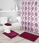 Luxury Home Collection 16 Piece Embossed Memory Foam Non-Slip Bathroom Rug Set Includes Bath Rug Mat, Contour Mat, Toilet Lid Cover, Shower Curtain, and 12 Metal Roller Hooks (Burgundy)