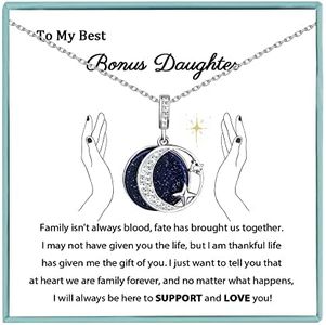 Sereney Bonus Daughter Necklace as Bonus Daughter Gifts from Stepmom for Birthday Gifts, Silver Moon Star Necklace to My Bonus Daughter Jewelry as Step Daughter Back to School Gifts from Stepdad