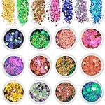 AOOWU Chunky Glitter, 12 Colors Festival Glitter, Nail Glitter Powder, Holographic Cosmetic Glitter for Face Body Eye Hair Nail and DIY Art (A)