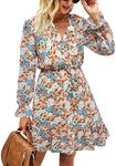 KIRUNDO Women Casual Summer Fall Dresses Long Sleeve Floral Wrap V Neck High Waist Ruffle Tiered A Line Flowy Mini Dress(Yellow Flower, Small)