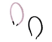 El Regalo 2PCs Braided Crystal Beads Hair Bands for Kids/Girls/Teens/Women | Party Bridal Headpieces | Crystal Headband Fine Glitter Crystal Hairband Headband (Black & Pink)