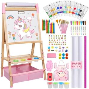 Easel for Kids,Adjustable Wooden Art Easel for Kids,119+ Art Supplies,Double Sided Magnetic Chalkboard and White Board Whit Storage Basket,Drawing and Painting for Aged 2-4,5-7,8-12,2 Paper Rolls
