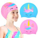 Sylfairy 2 pcs Kids Swim Cap Silicone Swimming Cap for Boys Girls (Age 2-6) Cover Ears Waterproof Bathing Cap Keep Hair Dry Swimming Hat for Hair