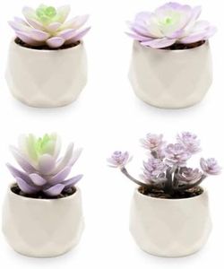 VIVERIE Cute Lavender Purple Indoor Fake Plants in White Ceramic Plant Pots 4Pcs- Artificial Flowers Home Office Aesthetic Room Decor Bedroom Wall Shelf Table Desk Gifts for Mum Wedding Decorations