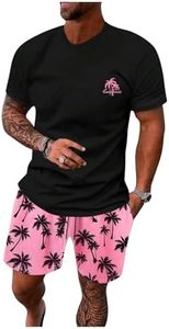 Floerns Men's Graphic Print T Shirt Drawstring Waist Shorts Set 2 Piece Outfit Pink Tropical Small