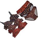 Narsingha Dreams Women's Cotton Full Coverage Lightly Padded Floral Printed Wire Free Bra Panty Lingerie Set Honeymoon Bikini Set for Girl's Combo Pack of 3 (Table Set-P3_Red::Black::Brown_36)