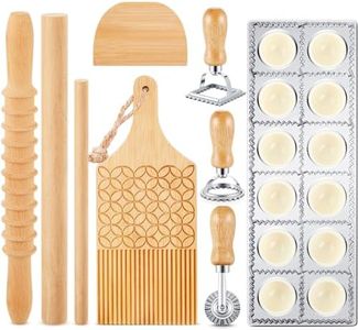 Tioncy 9 Pcs Pasta Making Tool Set Include 1 Ravioli Maker Press 1 Wooden Pasta Cutter 1 Ravioli Rolling Pin 1 Gnocchi Board 1 Wood Stick 1 Dough Scraper 3 Pasta Stamps for Pasta Maker (Pattern Style)