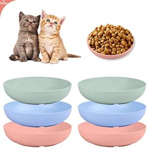 6-Pieces Whisker Fatigue Cat Bowl - 5.5 Inch Shallow Cat Food Dish Wide Cat Wet Feeding Bowls, PET Plate for Kittens and Short Legged Cat, Wheat Straw