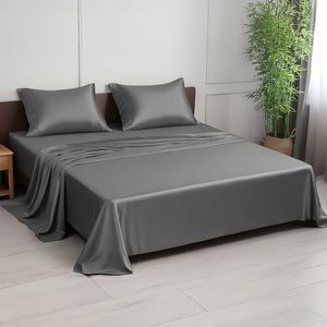 LINENWALAS Double Sheet Set, 100% Bamboo Bedding 300 Thread Count Silk Bed Sheet Set, Cooling Soft Sheets includes 1 Fitted Sheet, 1 Flat Sheet & 2 Pillowcases (Double, Charcoal Grey)