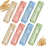 8 Sets Wheat Straw Cutlery, Travel Utensil Set with Case, Portable Spoon Forks Chopsticks Tableware, Reusable Cutlery Set for School Office Travel Picnic Camping or Daily Use