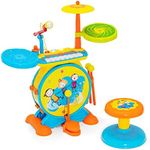 COSTWAY 3-in-1 Kids Drum Set, Electronic Drum Kit with 8 Keys Keyboard, Microphone, Drumsticks, MP3, Record, Play, LED Lights and Stool, Educational Musical Instrument (Blue)