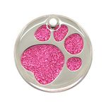 Personalised Engraved 25, 32 & 36mm Glitter Paw Print Pet Tag. Bold Contrasting Text. Small, Large & Very Large CAT/Dog ID Tags (Light Pink, 32mm (Medium & Large Dogs))