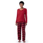 Fruit of the Loom Women's Waffle V-Neck Top and Flannel Pant Sleep Set, Radiant Red/Buffalo Check, Medium