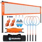 Outdoor Volleyball and Badminton Combo Net Set 32ft with Anti-Sagging Design, 4 Badminton Rackets, 3 Birdies and PU Volleyball for Backyard Lawn Beach (Orange)