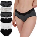 INNERSY Knickers Women Multipack Sweet Lace Trim Hipster Cotton Pants Pack of 6 (14, Black/Grey/White/Stripe)