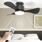 Small Black Ceiling Fan with Light and Remote, 28" Low Profile Ceiling Fan Light with 3 Color Temperature, 6 Speed, Quiet Reversible Flush Mount Ceiling Fan for Bedroom Outdoor, Ventilateur Plafond