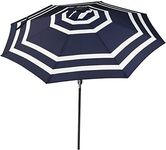 Sunnydaze 9 Foot Outdoor Patio Umbrella with Solar Lights & Tilt/Crank, LED, Navy Blue Stripe