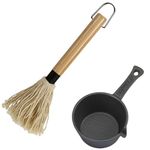 HyzaPhix Cast Iron Sauce Pot and BBQ Mop Brush Set for Grilling, BBQ Basting Set with Saucepan and Brush Barbecue Accessories Meat Smoker Accessories