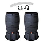 RTS Home Accents 551000802A8081 100% Recycled Polyethylene 2-Pack 50 Gallon Flat Back Rain Barrel and Stand with Link Kit, Black