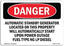 OSHA Danger Sign - Automatic Standby Generator Located On This | Vinyl Label Decal | Protect Your Business, Construction Site, Shop Area | Made in The USA, 5" X 3.5" Decal Set Of 10