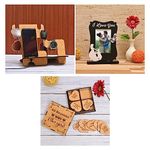 GKD premium gift for husband and gift for boyfriend 3 pc combo set of 40 reasons why i love you wooden greeting card love box, photo frame and 5 in 1 desk organizer gift for him