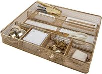 BLU MONACO Desk Drawer Organizer Tray for Office Organization - 6 Compartments - Gold Metal Mesh Large Drawer Organizer for Accessories and Office Supplies