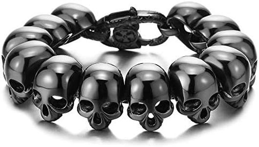 COOLSTEELANDBEYOND Biker Pulsera del Cráneo Calavera, Brazalete de Hombre, Negro Acero Inoxidable, Estilo Gótico, Lucidato a specchio
