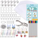 FEPITO 203 Pcs Shrinking Plastic Sheet Kit，25 Sheets Shrinkles Film Paper，Hole Punch，Colored Pencils and 165 Pieces Keychains and Jewelry Making Accessories for Kids Craft