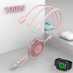 100W Multi Charging Cable for Apple Watch Charger, iPhone 15 Retractable Charging Cable with Type C 100W+IP 27W+iWatch Charger Retractable Phone Charger for iPhone/Apple Watch Series/Samsung/Pad