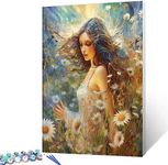 American Afro Girl with Flower Painting White Daisies Flower Paint by Number Kits 16 x 20 inch African Tropical Plants Canvas Oil Acrylic Painting for Kids Adults Beginner with Brushes Gift(DIY Frame)