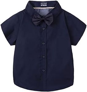 LittleSpring Boys Button Down Shirts for Kids Short Sleeve Dress Shirt with Bow Tie Navy Size 7