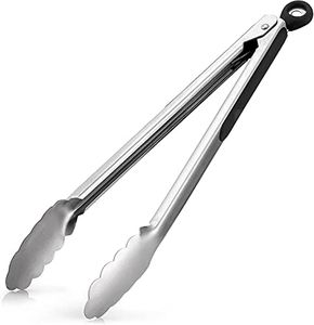 Zulay (12 Inch) Stainless Steel Tongs For Cooking - Scallop Head Edge Kitchen Tongs - Easy Grip BBQ Grill Tongs With Lock Mechanism - Heavy Duty Metal Tongs For Barbecue, Cooking, Frying, and More