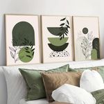 PWAAHDC Sage Green Canvas Wall Art Posters & Prints, Set of 3 Boho Home Decor, Beige Green Abstract Geometric Line Leaf Sun Moon Prints for Walls (Unframed, A3)