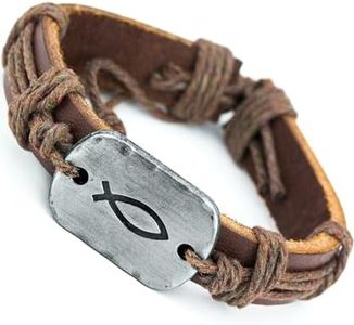 Soul Statement Sign of the Fish Men's Leather Wrap Bracelet for Teenagers (Brown Fish)