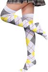 Benefeet Sox Womens Thigh High Socks Argyle Girls Novelty Striped Over the Knee High Socks Funny Crazy Long Stockings, Yellow Grey White, One Size