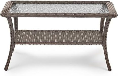 ACTREST Patio Coffee Table for Outdoor Furniture Set - 2-Tier Storage Wicker Side Tables with Smooth Clear Tempered Glass Tabletop for Outside Wicker Rocking Swivel Chairs in Porch Deck Yard - Brown
