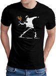 OM3® Banksy Flower Thrower T-Shirt | Men's | Urban Street Art Peace Graffiti Punk Indie Social Criticism | S - 5XL, Black (#1072), S