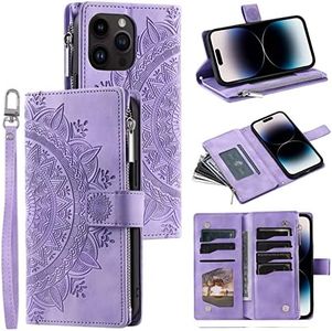 Mavis's Diary Compatible with iPhone 13 Pro Case Wallet for Women, Mandala Floral Embosssed PU Leather Folio Zipper Cover Magnetic Flip Book Case with Card Holder Wrist Strap (Purple)