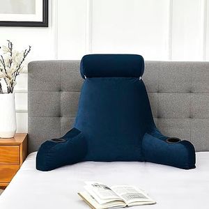 Extra Large Reading Pillow Ultimate Comfort & Support Bed Rest with Cup Holders, Storage Pockets, Detachable Neck Roll, and Removable Cover - Ideal for Relaxation, Work, and Lounging, Navy Blue