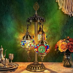 Turkish Lamp Moroccan Lamp 3 Globe Mosaic Lamp Moroccan Table Lamp Stained Glass Turkish Light Handmade Tiffany Lamp Colorful Night Light Fixture LED Bulb Bedroom Living Room Decor Girls Birthday Gift