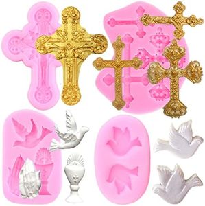 Mujiang Baptism Cake Decorations Cross Cake Mold Cross Silicone Mold Communion Dove Fondant Molds Praying Hand Mold For Baptism Party Cake Decorating Cupcake Topper Candy Chocolate Gum Paste Set Of 4