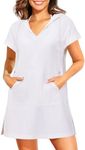 Pinup Fashion Terry Cloth Swimsuit Cover Up Women Hooded Cotton Cover with Pocket, White, Large