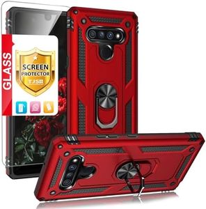 TJS Compatible with LG Stylo 6 Case, with [Tempered Glass Screen Protector][Defender][Metal Ring][Magnetic Support] Kickstand Heavy Duty Drop Protector Phone Case Cover (Red)